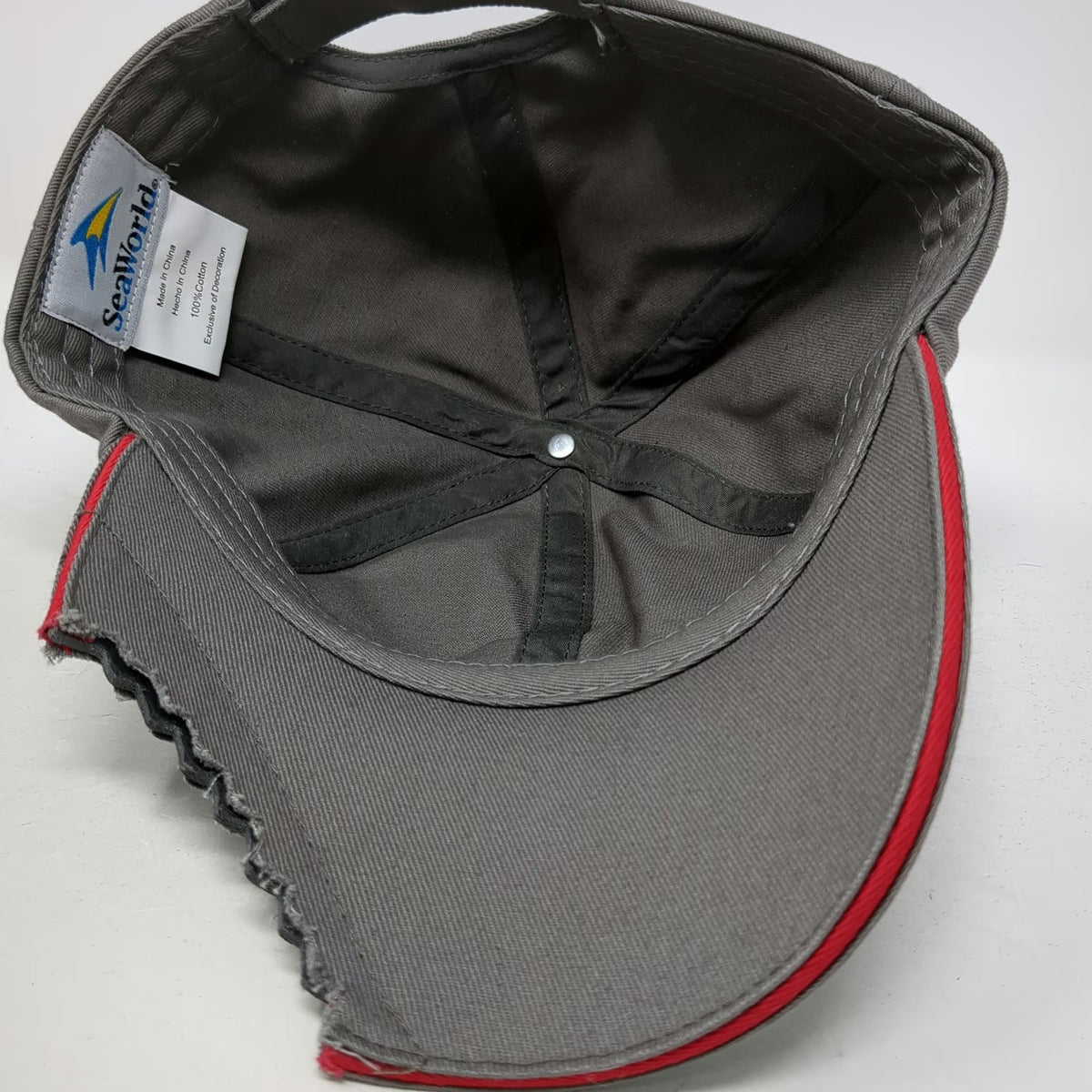 SeaWorld Baseball Cap Gray OSFM Shark Bitten Distressed Brim Shark Attack Hat