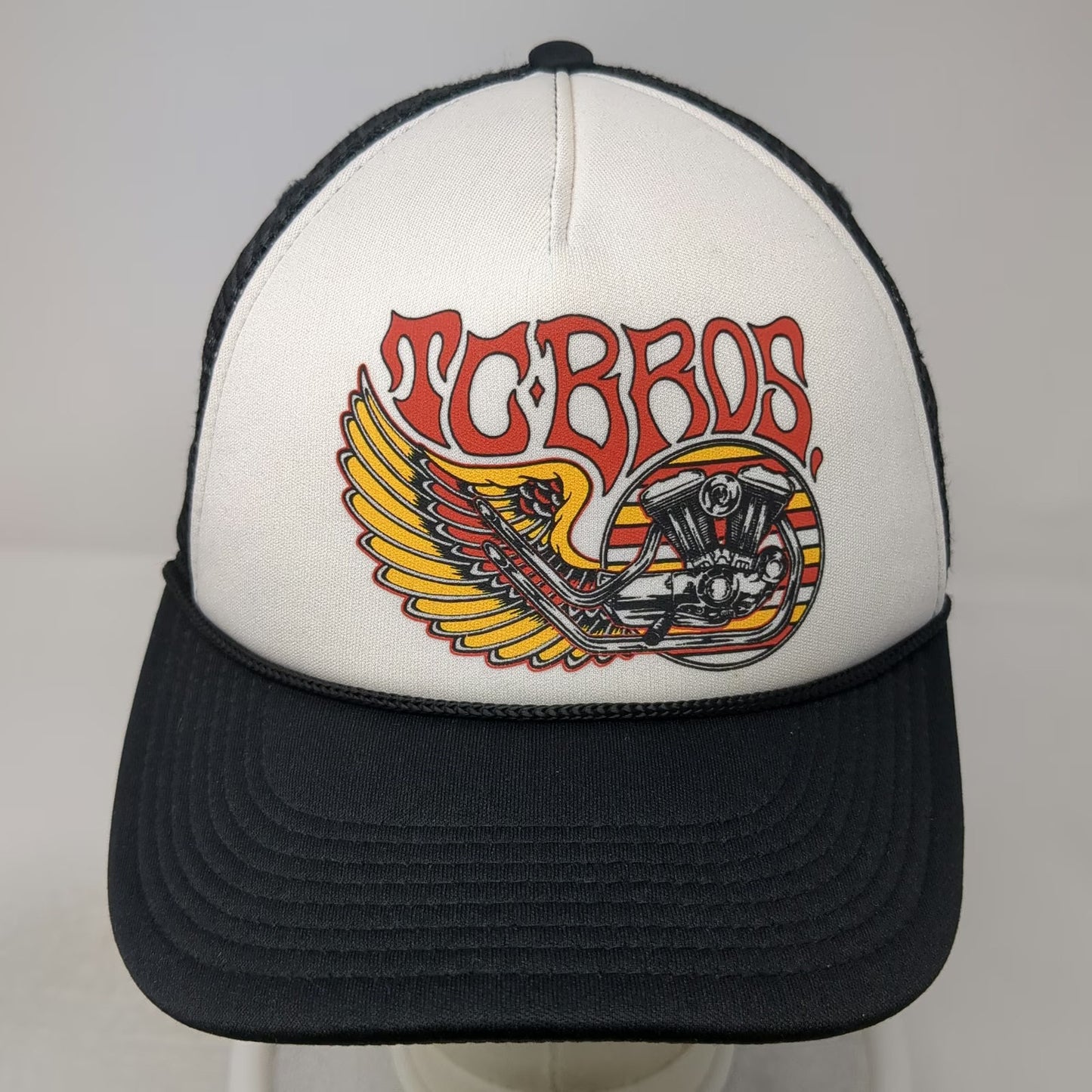 TC Bros. Trucker Hat Black White One Size Winged Engine Motorcycle Graphic Foam