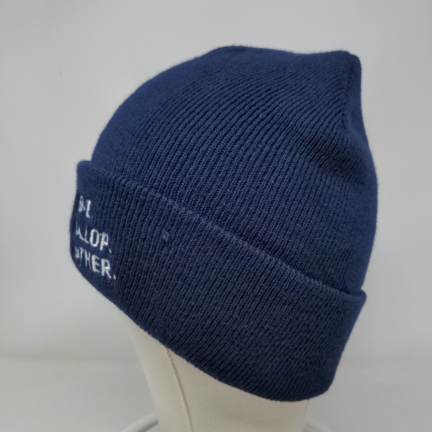 The YMCA Give Gallop Gather Knit Beanie Hat Blue One Size Embroidered