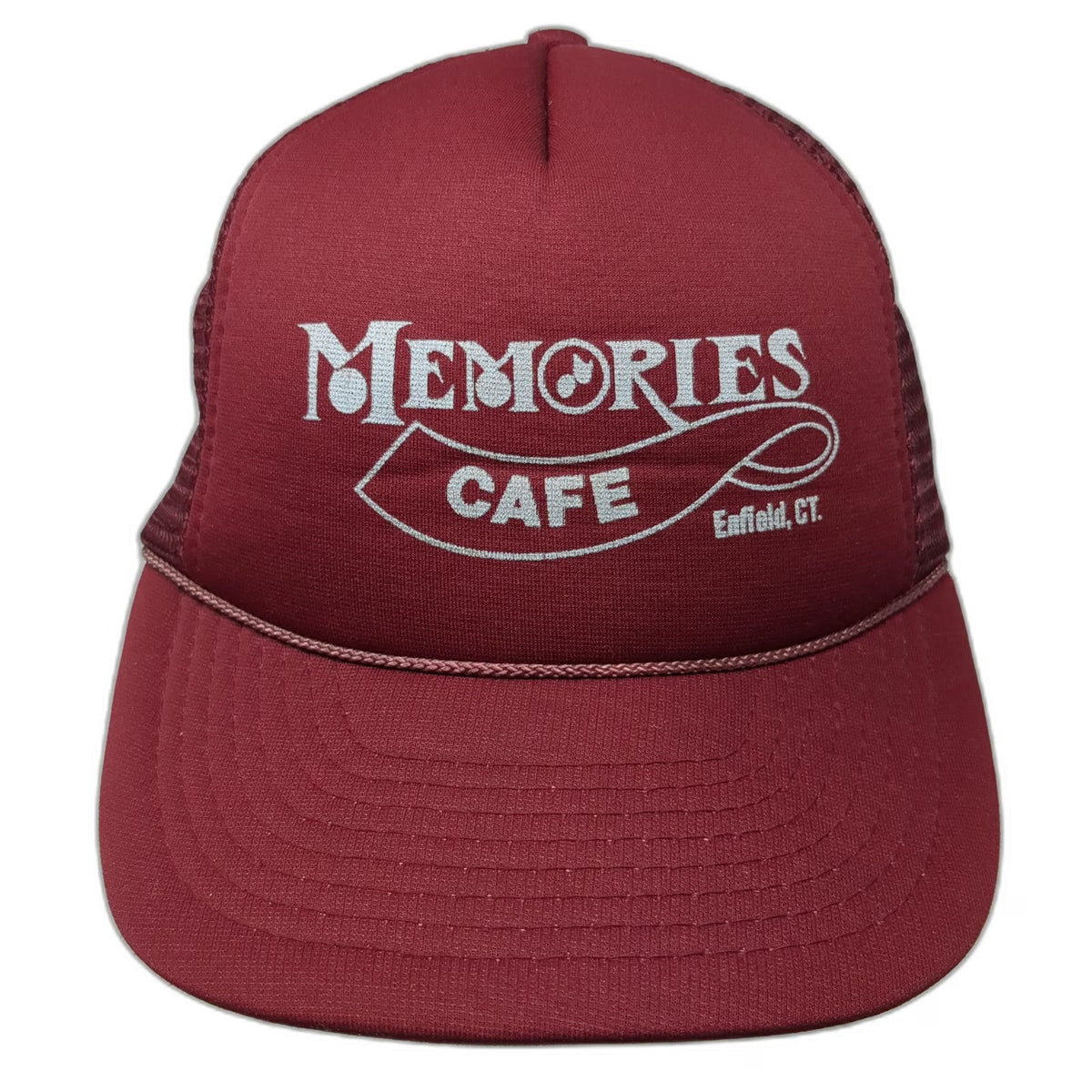 Trucker Hat Red One Size Memories Cafe Enfield CT Music Note Snapback Mesh Foam