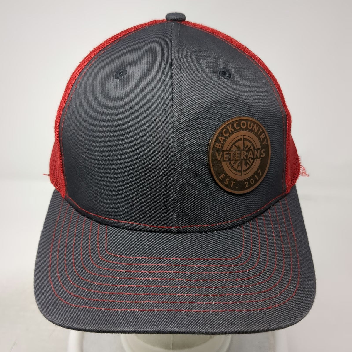 Nevada Caps Trucker Hat Gray Red OSFM Mesh Back Leather Patch Veterans Compass