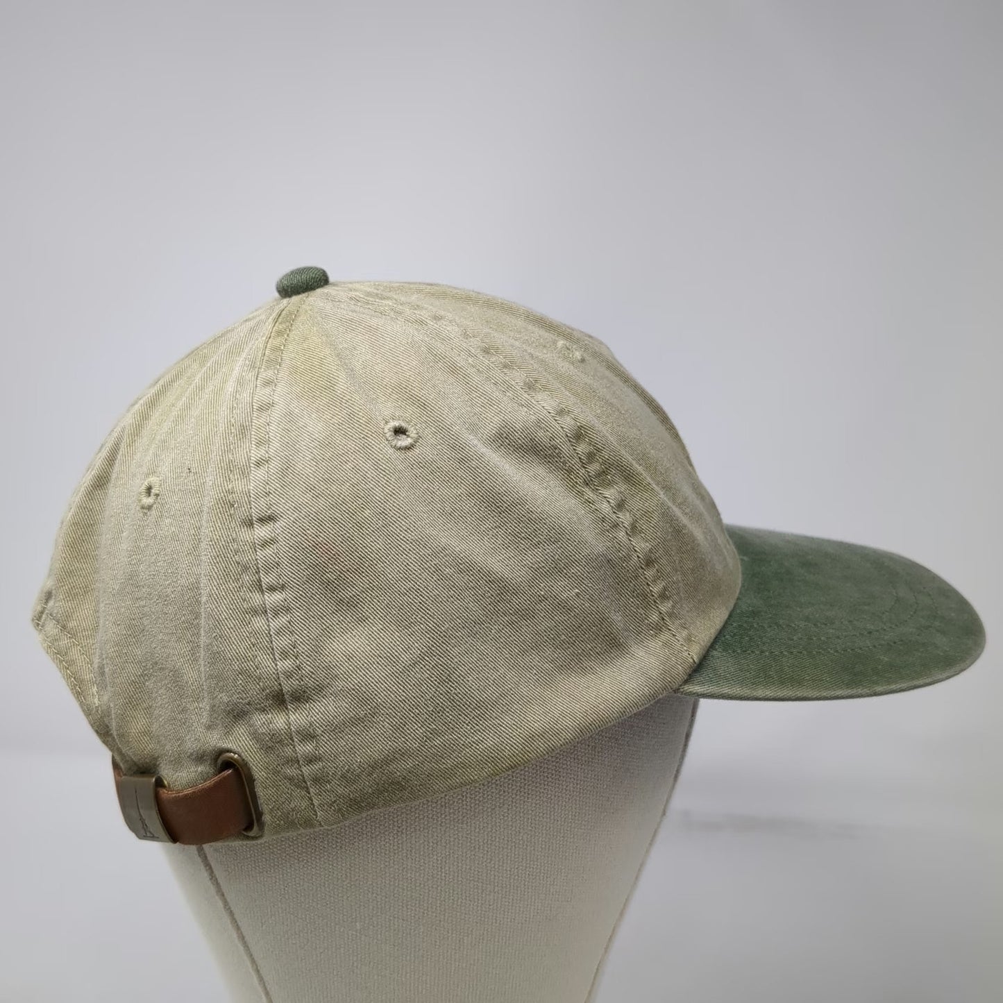 Adams Baseball Cap Beige Green Leather Strap Vermont Teddy Bear Hat Vintage