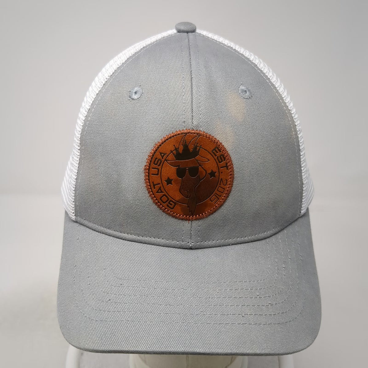 GOAT USA Trucker Hat Gray White One Size Leather Patch Mesh Back Snapback Cap