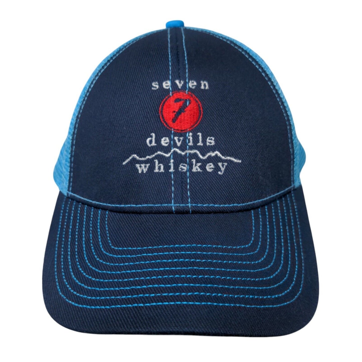 Seven Devils Whsikey Strapback Hat Blue OSFA Adjustable Embroidered Mesh Back