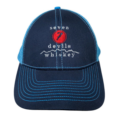 Seven Devils Whsikey Strapback Hat Blue OSFA Adjustable Embroidered Mesh Back