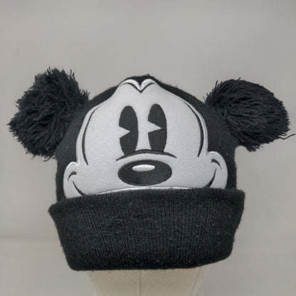 Mickey Mouse Knit Pom Pom Beanie Hat Black Toddler Embroidered