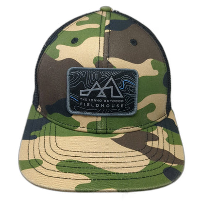 The Fieldhouse Trucker Hat Green One Size Mesh Snapback Idaho Topo Logo Camo Map
