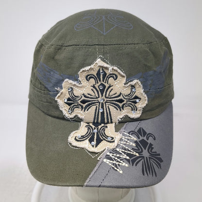 Army Cap Green One Size Distressed Cross Rhinestone Studs Fleur De Lis Wing Hat