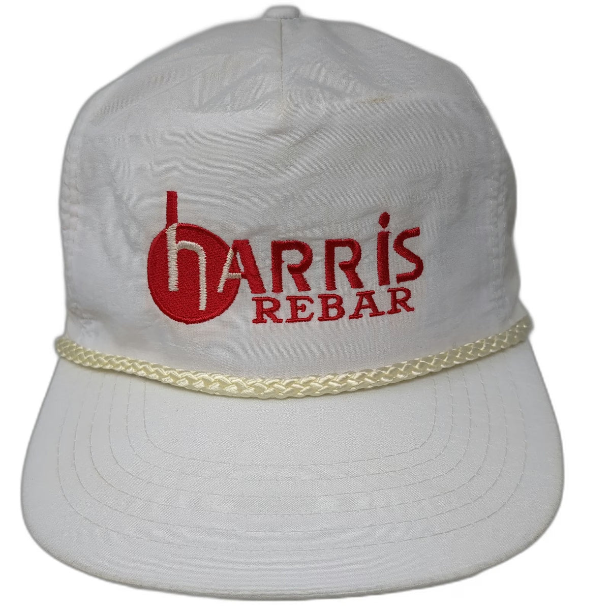 A.J.M. 5 Panel White One Size Hat Harris Rebar Logo Nylon Rope Bill Snapback