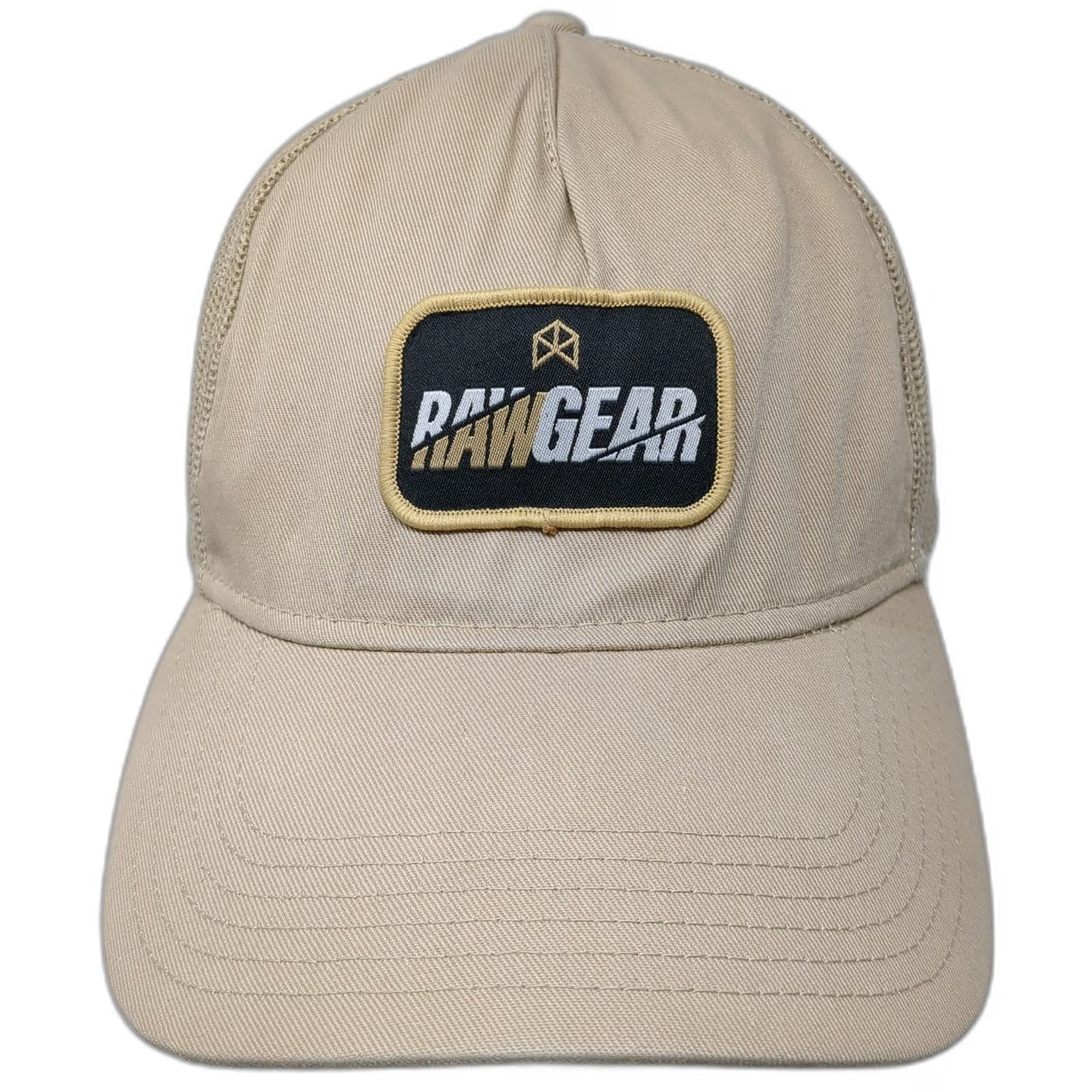 RawGear Trucker Hat Beige One Size Mesh Back Snapback Logo Patch Fitness Gym
