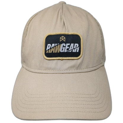 RawGear Trucker Hat Beige One Size Mesh Back Snapback Logo Patch Fitness Gym