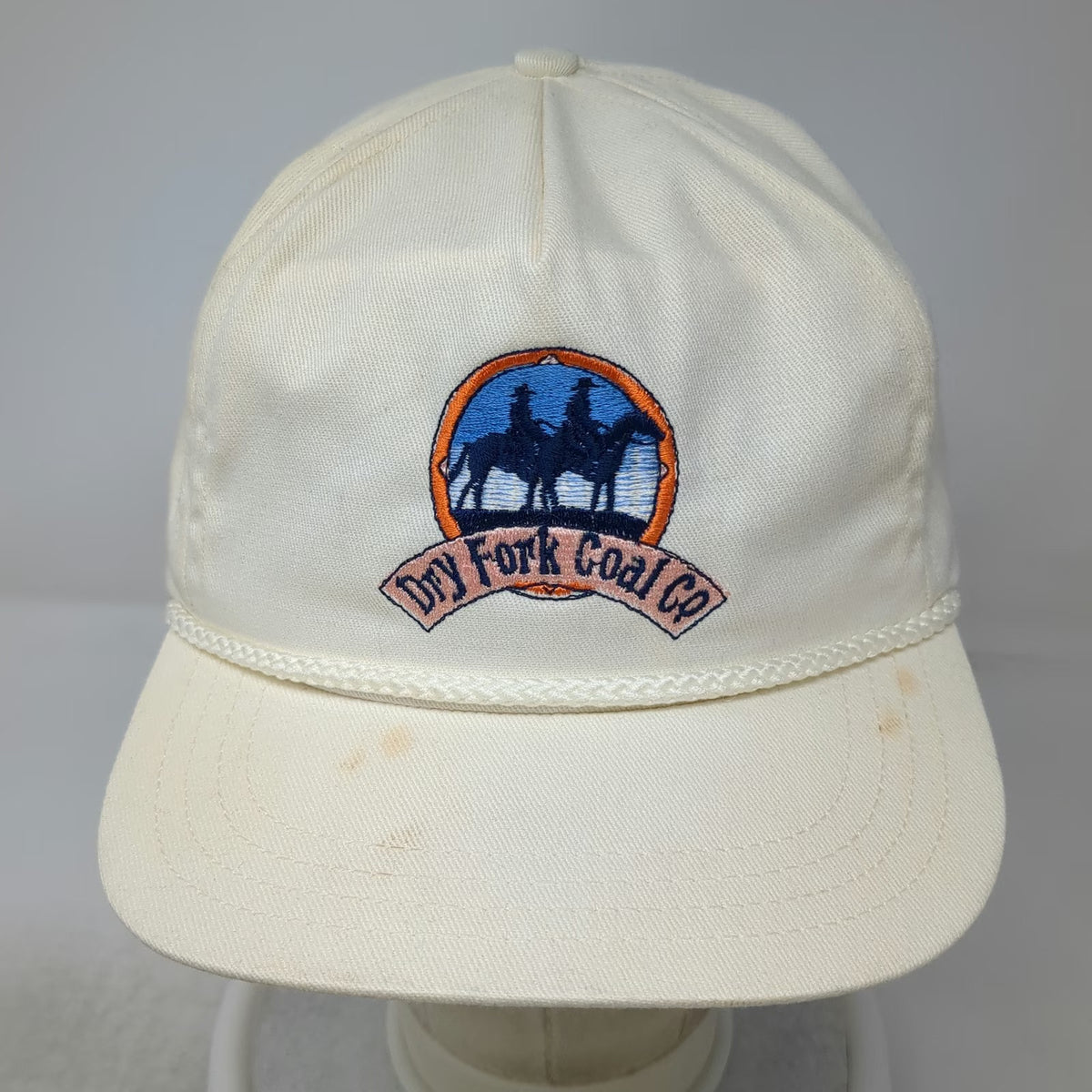 Jan-Mar Dry Fork Coal Co 5 Panel Beige Hat Horse Rider Rope USA Made Vintage