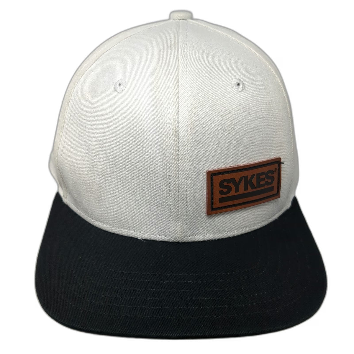 Sykes Snapback Hat White Black One Size Flat Brim Logo Patch Two Tone Cotton