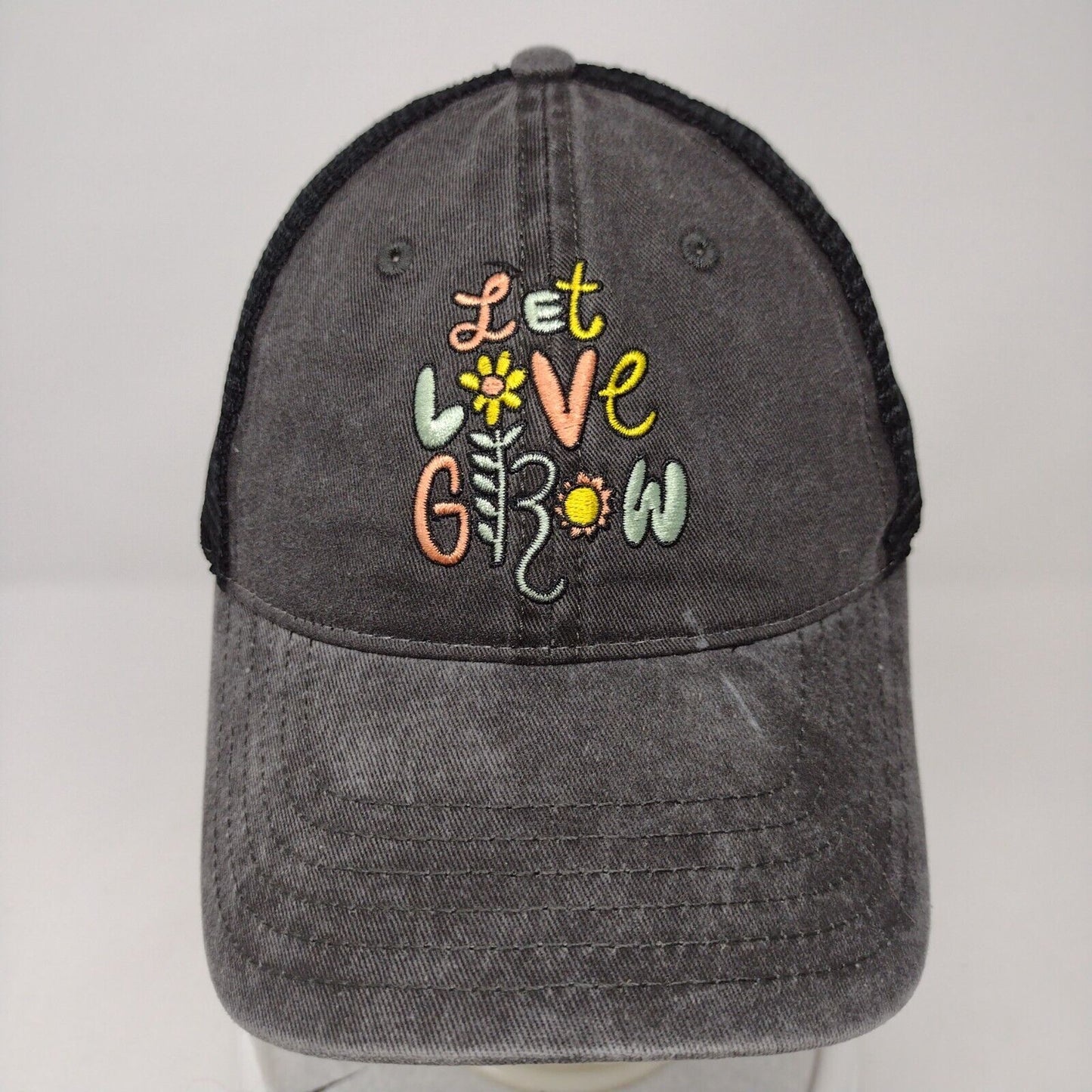 Let Love Grow Slideback Mesh Back Trucker Hat Gray OSFA Mighty Fine