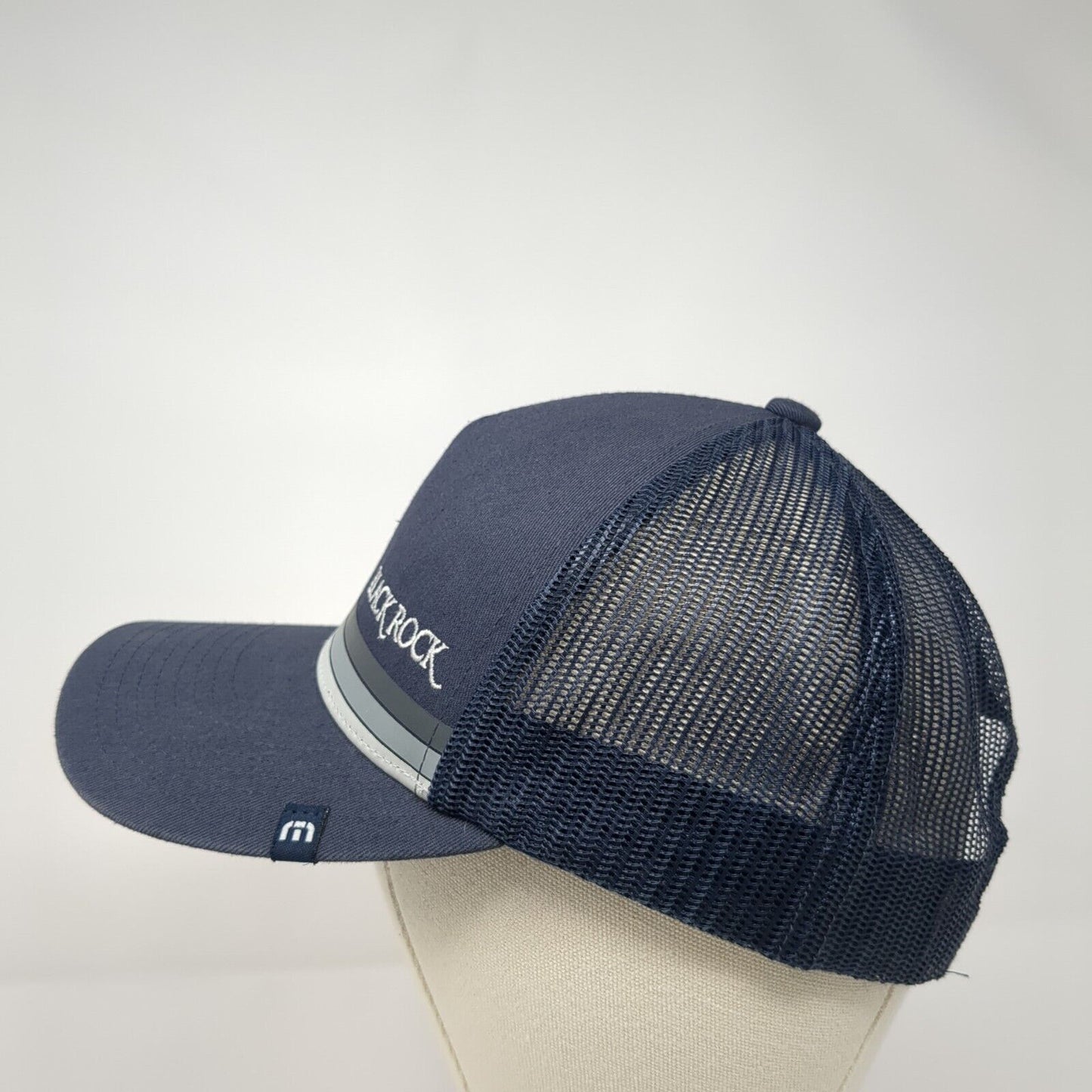 Black Rock Snapback Mesh Back Trucker Hat Blue Striped OSFA Cotton Blend Logo