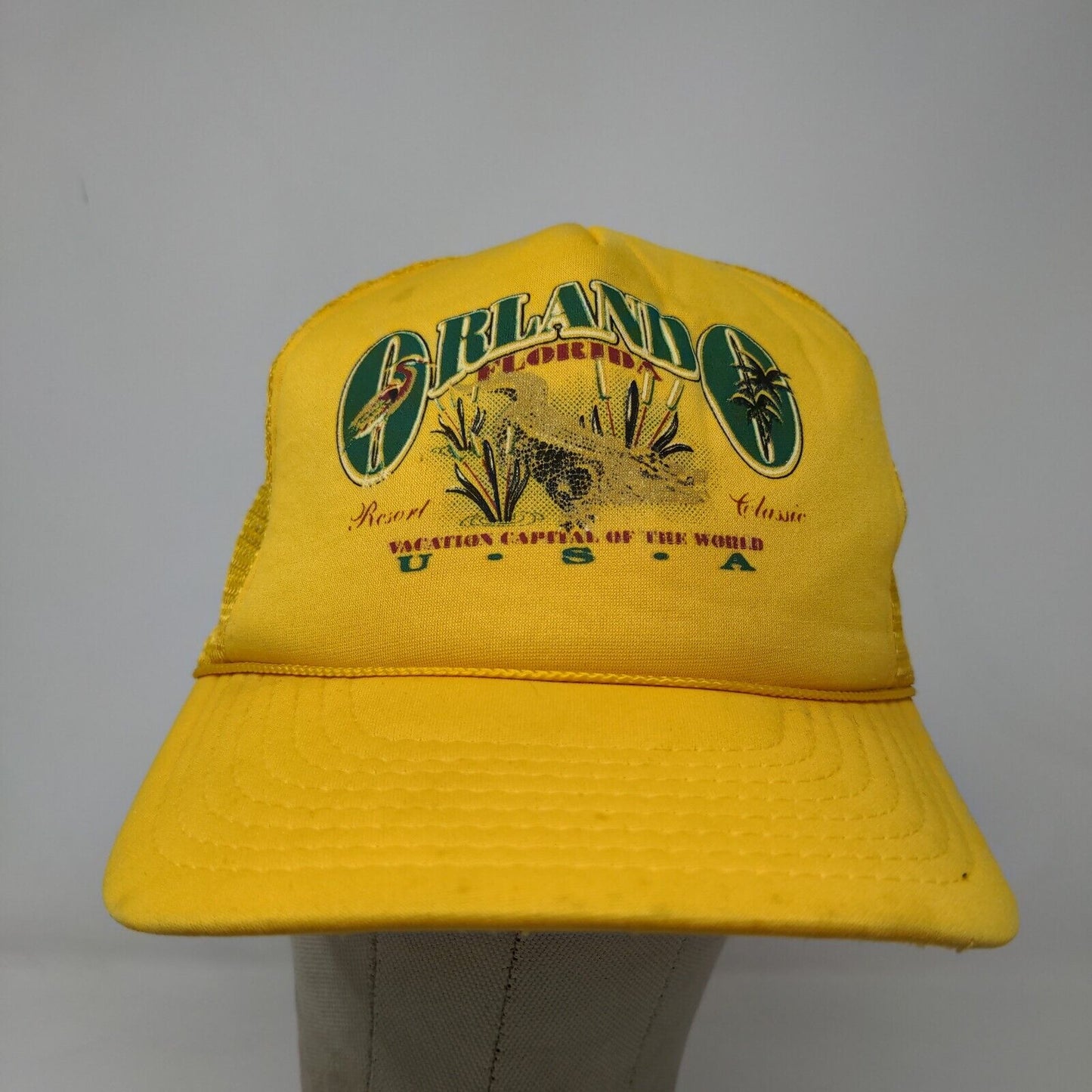 Orlando Florida Men's Snapback Mesh Back Trucker Hat Yellow Adjustable Vintage