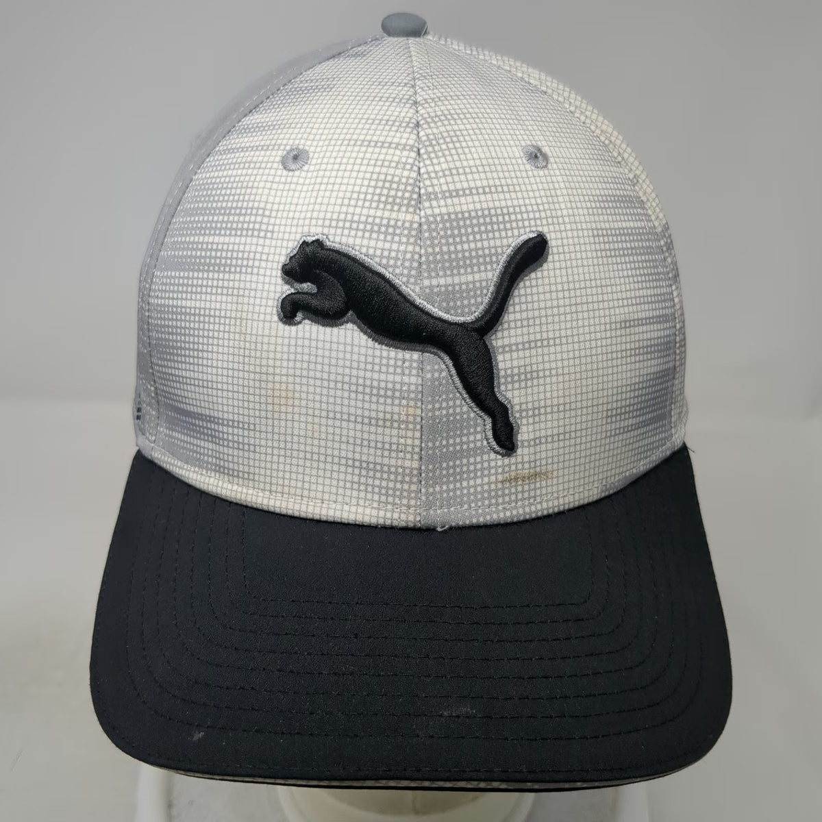 Puma Snapback Hat Gray One Size Cat Logo Grid Pattern Performance Golf Cap Black