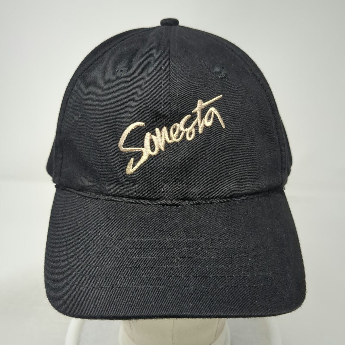 KC Caps Baseball Cap Black One Size Sonesta Script Logo Hat Slideback Closure