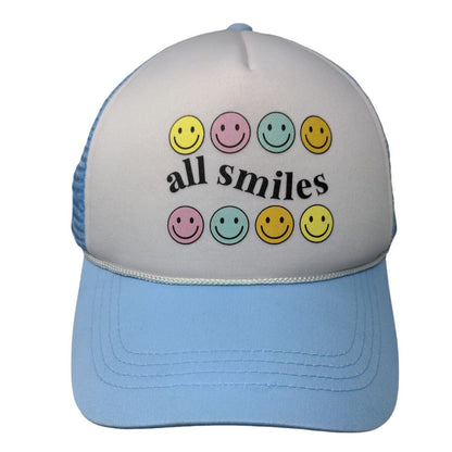All Smiles Snapback Trucker Hat Blue OSFM Adjustable Mesh Back Rope Polyester