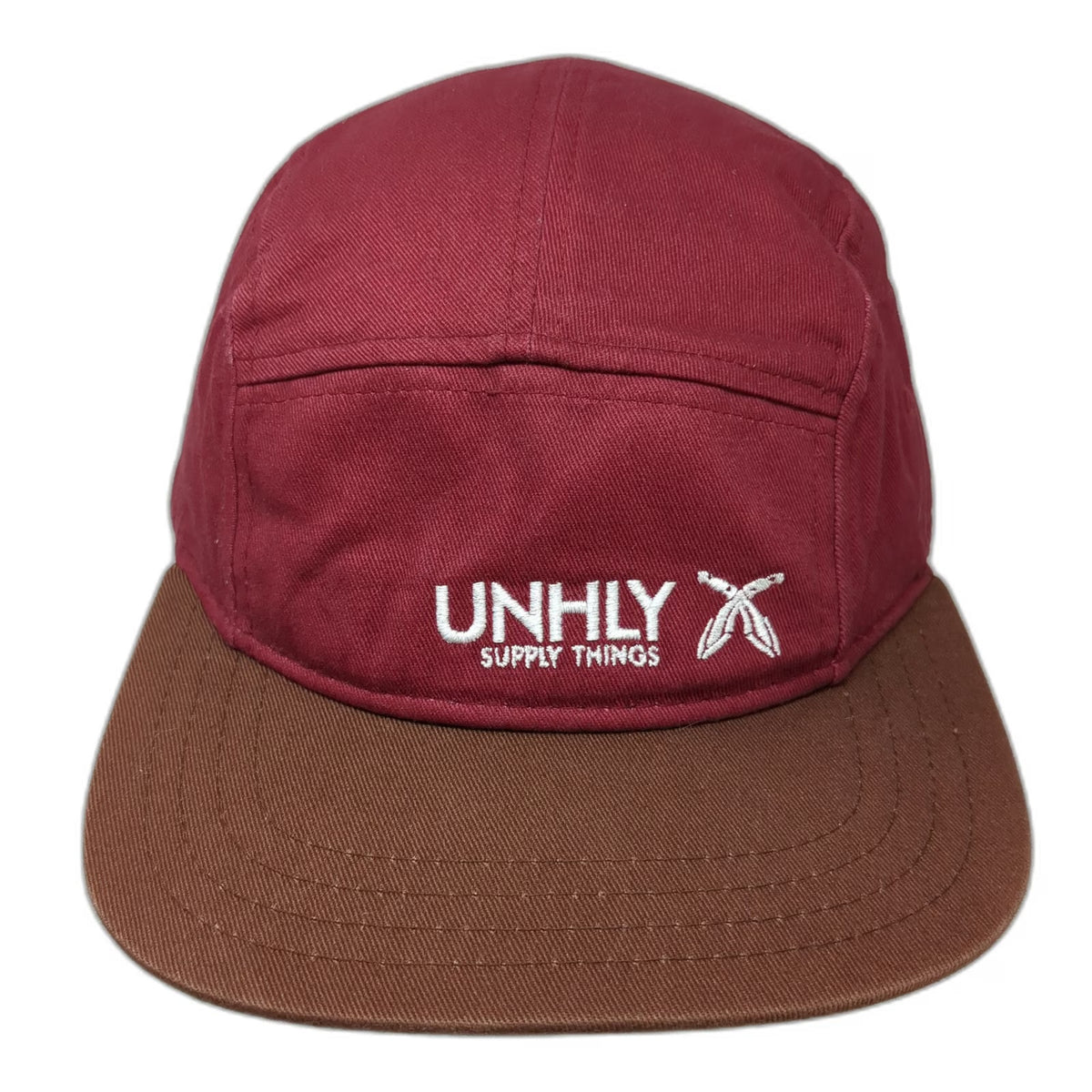 UNHLY 5 Panel Red Brown One Size Hat Floral Underbrim Slideback Embroidered Logo