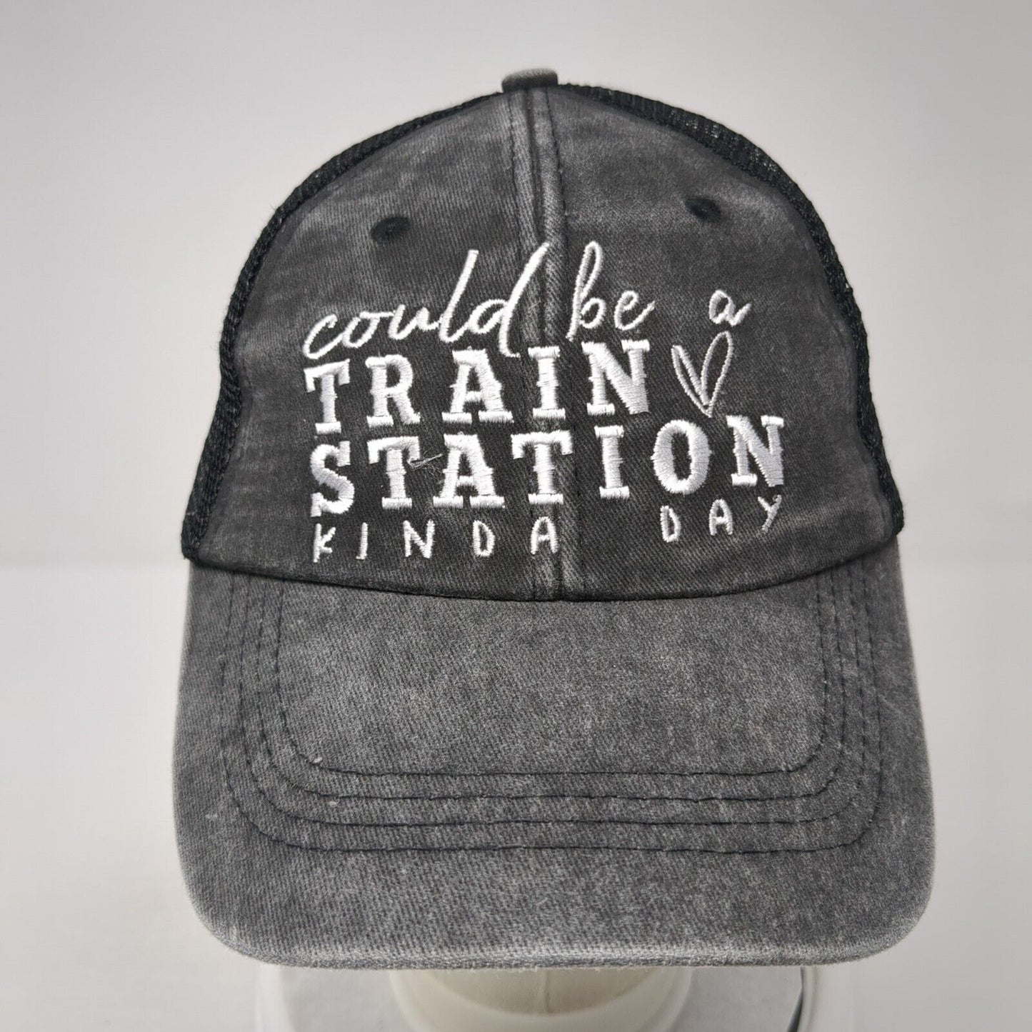 Could Be A Train Station Kinda Day Ponytail Strapback Hat Gray OS Mesh Back