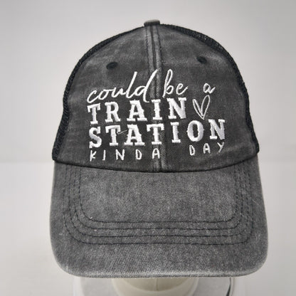 Could Be A Train Station Kinda Day Ponytail Strapback Hat Gray OS Mesh Back