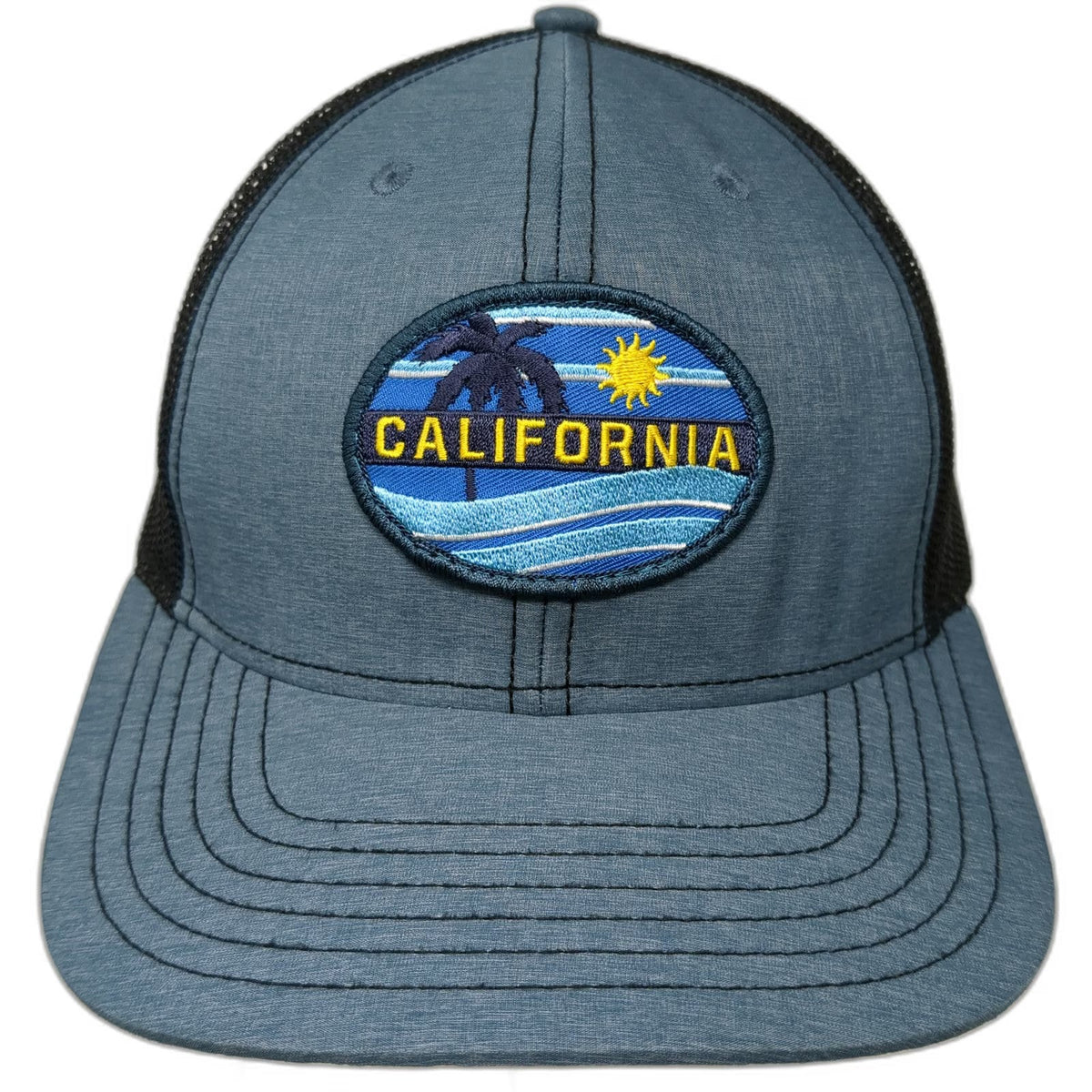 G54 Trucker Hat Blue One Size California Palm Tree Sun Waves Patch Mesh Snapback