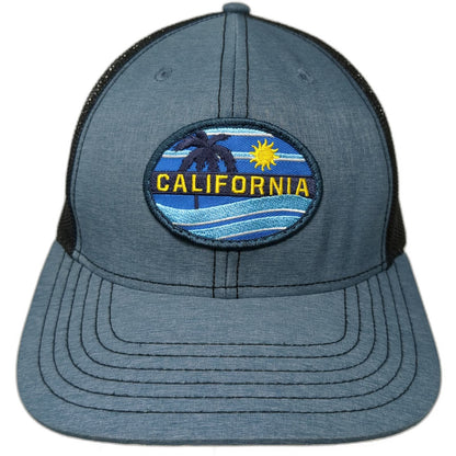 G54 Trucker Hat Blue One Size California Palm Tree Sun Waves Patch Mesh Snapback