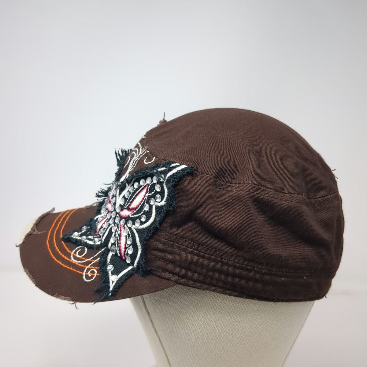 Leader Army Cap Brown One Size Butterfly Rhinestone Distressed Stitch Hat