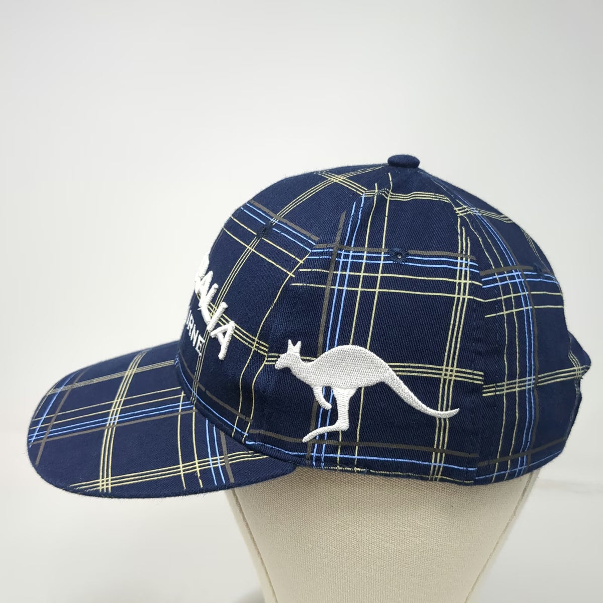 Blue Plaid Baseball Cap One Size Kangaroo Australia Melbourne Strapback Hat
