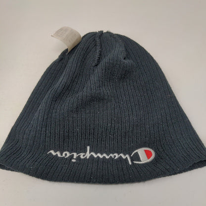 Champion Beanie Hat Black OSFA Stretch Knitted Embroidered Logo Cuffed