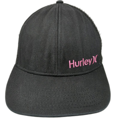 Hurley Trucker Hat Black One Size Pink Logo Mesh Back Snapback Adjustable Cap