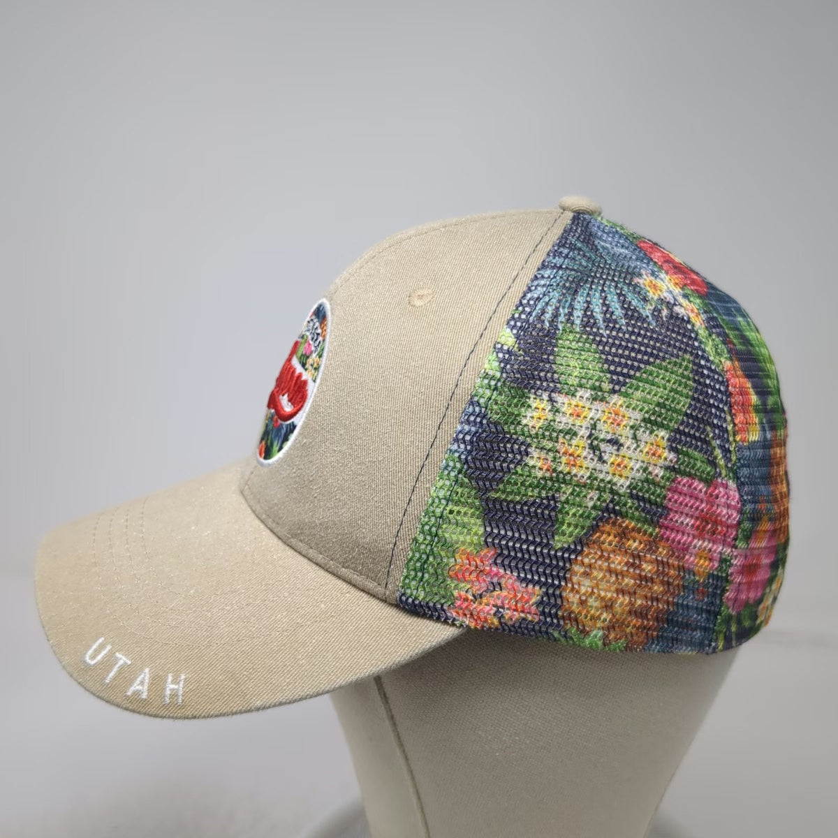 Lucky 7 Trucker Hat Beige One Size Lagoon Utah Floral Mesh Snapback EST 1886