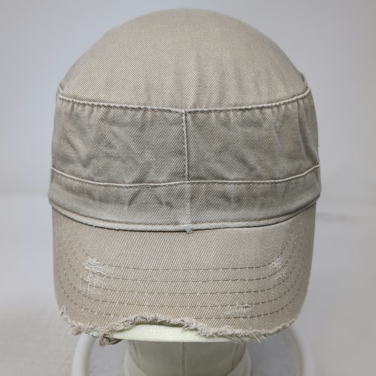 DPC Army Cap Beige One Size Frayed Brim Red Cross Stitch Cotton Twill Hat