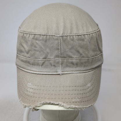 DPC Army Cap Beige One Size Frayed Brim Red Cross Stitch Cotton Twill Hat