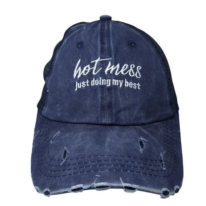 Hot Mess Just Doing My Best Ponyback Trucker Hat Blue OS Mesh Back Distressed
