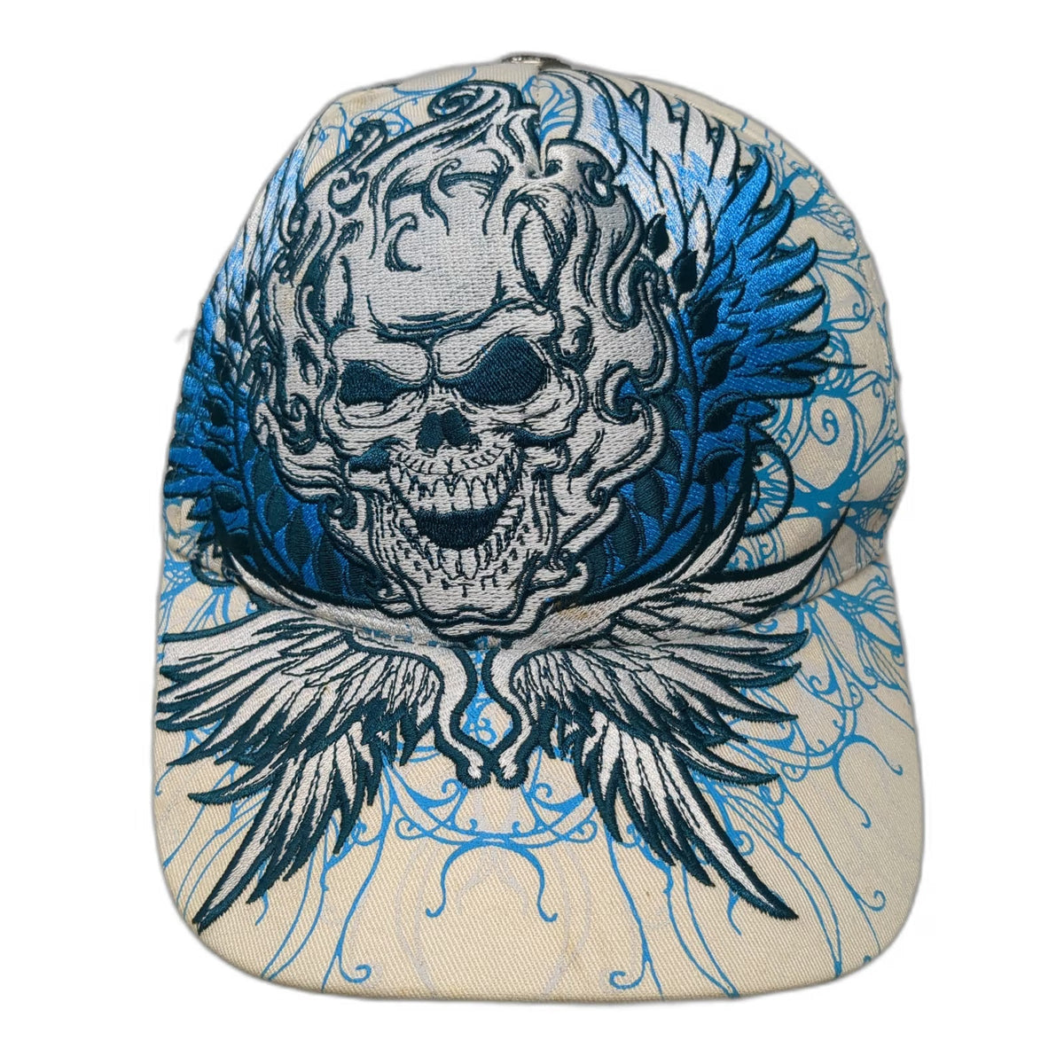 Pugs Gear 5 Panel White Blue One Size Skull Winged Tribal Embroidered Hat