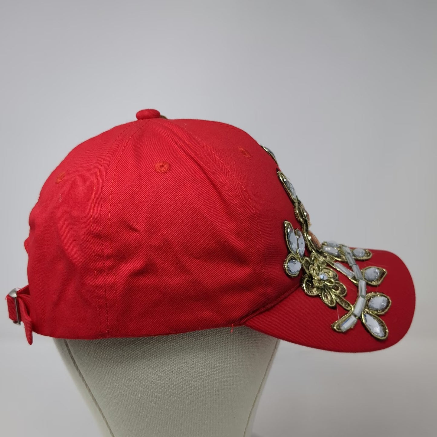 Red Baseball Cap One Size Floral Gold Embroidery Gemstone Rhinestone Hat Bling