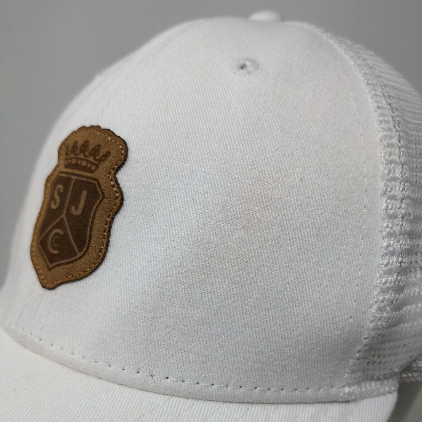 SJC Snapback Trucker Hat White One Size Patch Logo Mesh Back 6 Panel Pukka