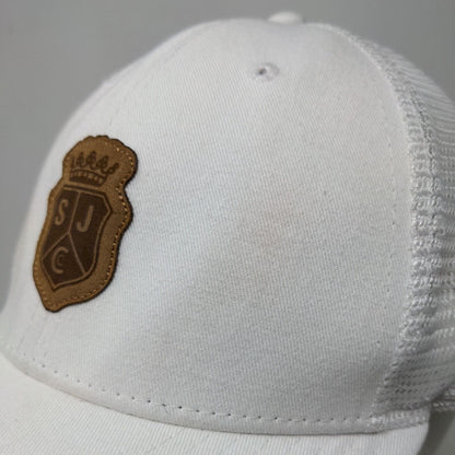 SJC Snapback Trucker Hat White One Size Patch Logo Mesh Back 6 Panel Pukka