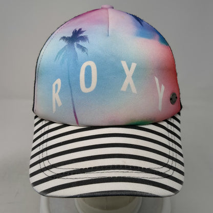Roxy Trucker Hat Blue One Size Striped Brim Palm Tree Sunset Beach Surf Snapback