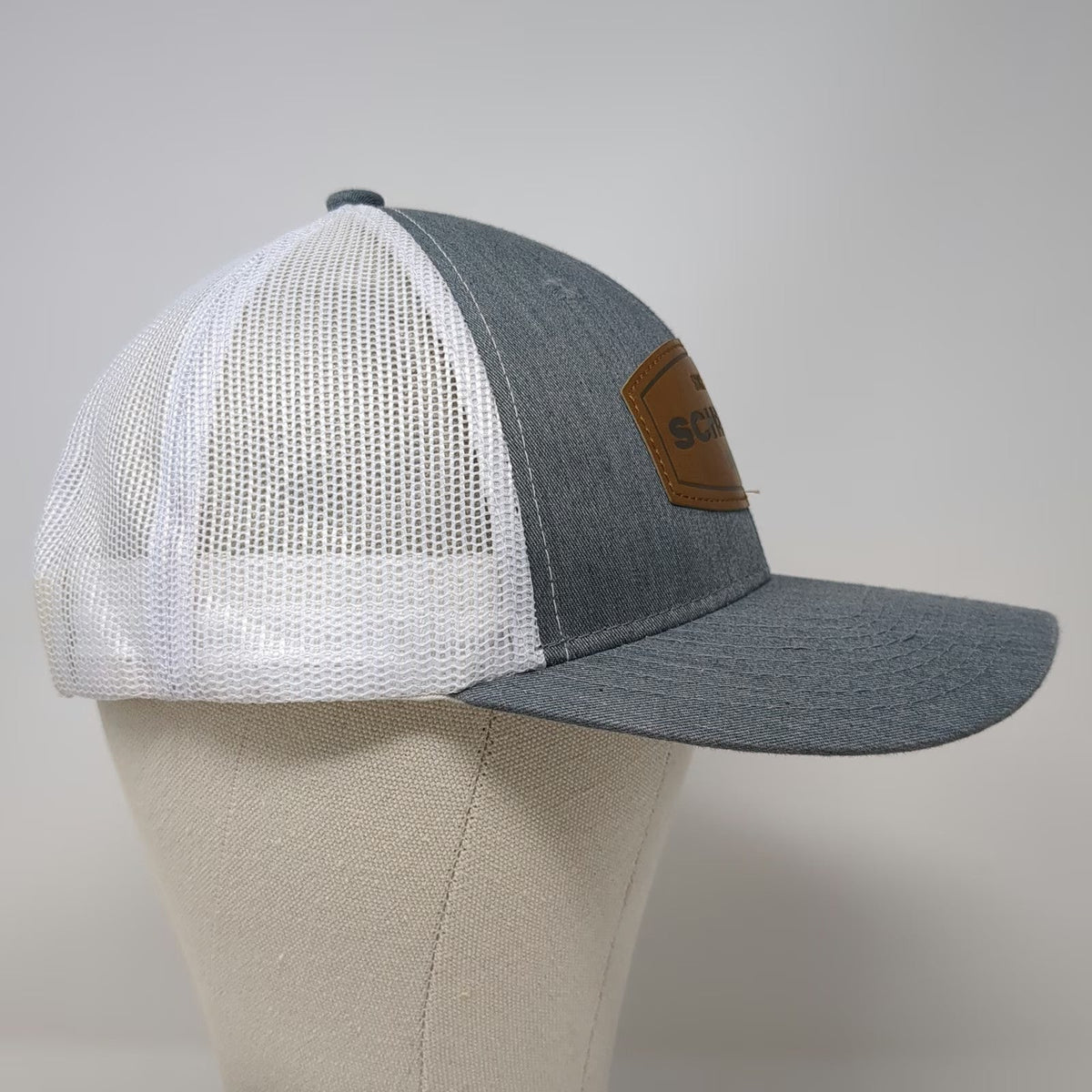 Scheels Trucker Hat Gray White Brown One Size Leather Patch Mesh Back Snapback