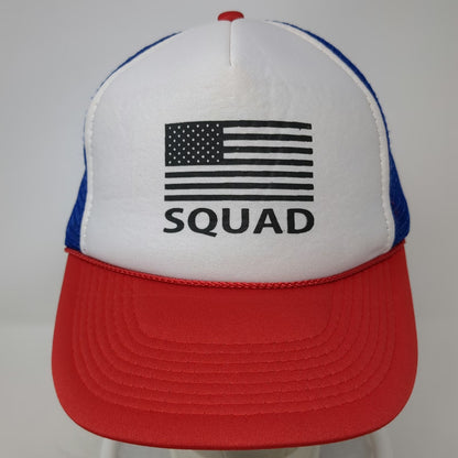 Blue White Red Trucker Hat One Size SQUAD American Flag Mesh Rope Snapback USA