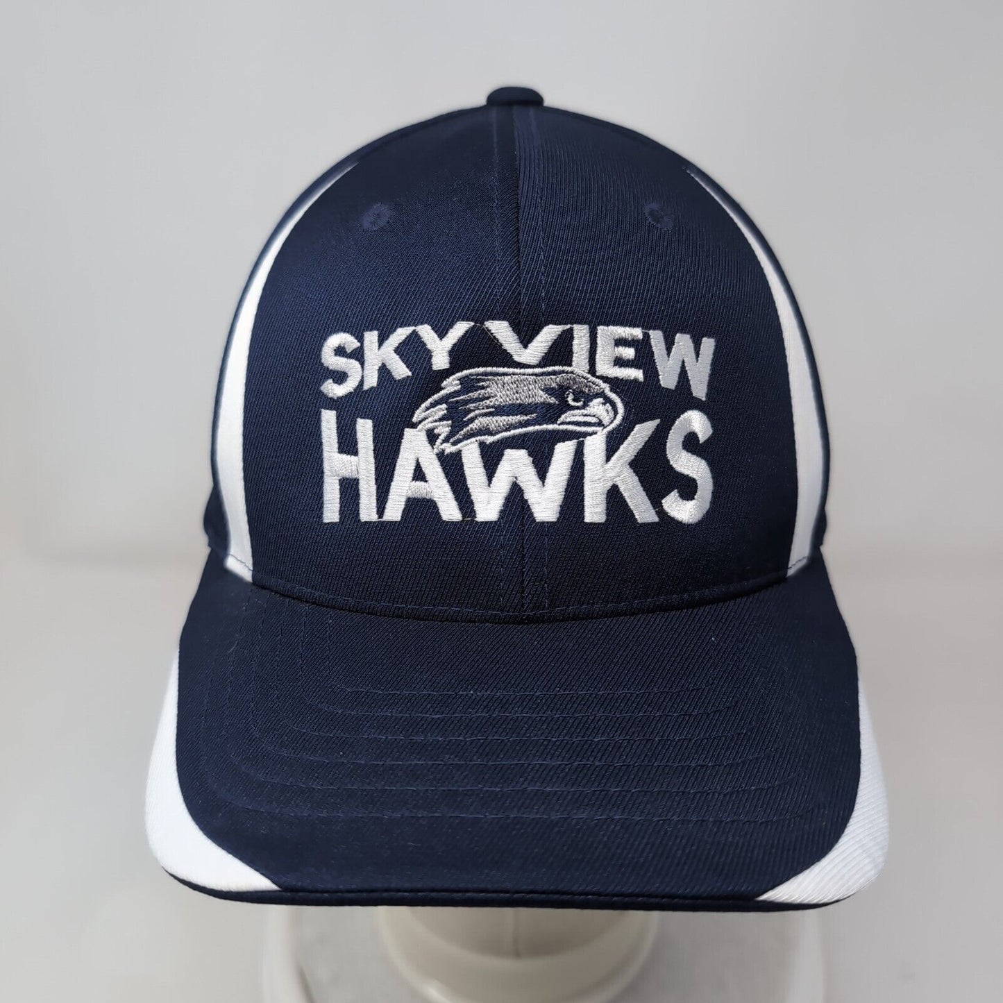 Sky View Hawks Fitted Hat Blue L/XL Flexfit Vented Holes 6 Panel Yupoong