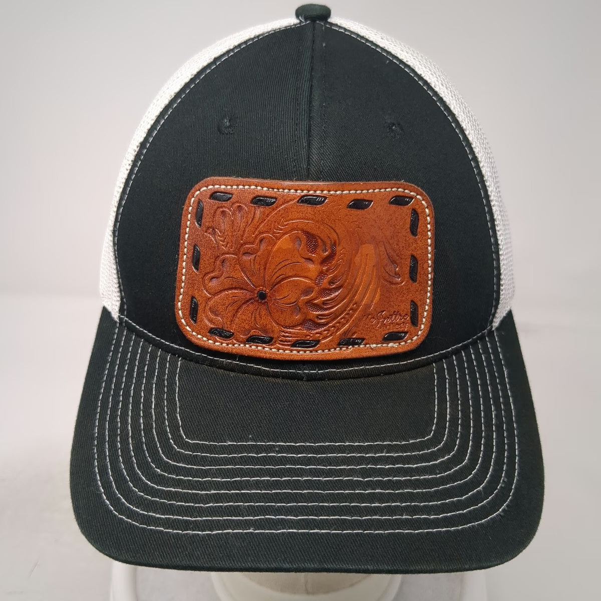 Outdoor Cap Trucker Hat Black White One Size Leather Patch Floral Tooled Mesh