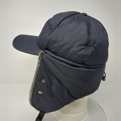 Supplex Fitted Trapper Hat Blue One Size Ear Flap Chin Strap Faux Fur