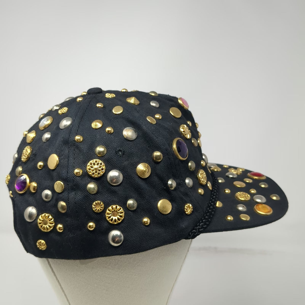 Black 5 Panel One Size Hat Rhinestone Studded Gem Beaded Snapback Bling Sparkle