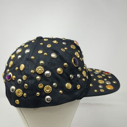 Black 5 Panel One Size Hat Rhinestone Studded Gem Beaded Snapback Bling Sparkle