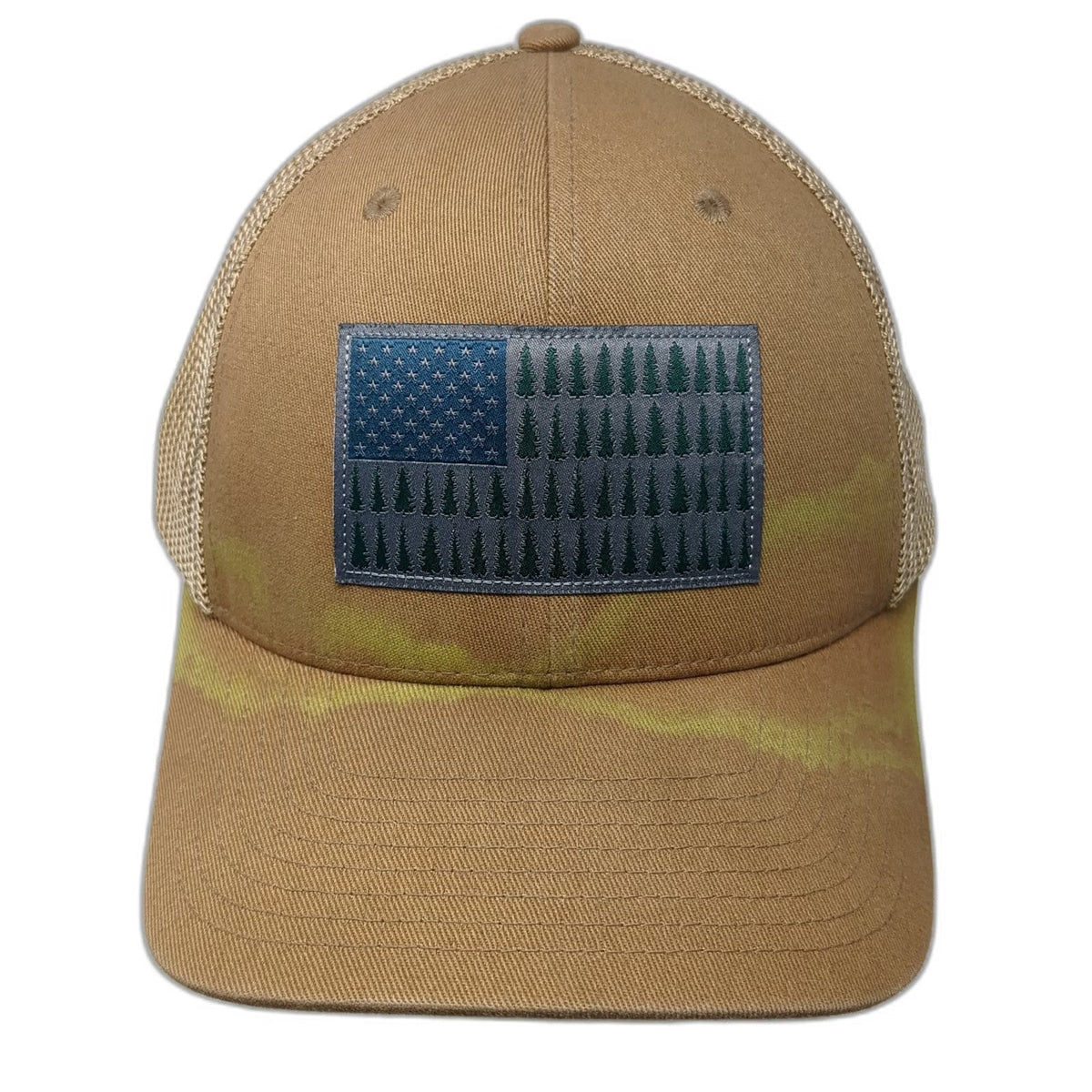 Columbia Baseball Cap Brown XL Mesh Back Pine Tree Flag Patch Stretch Hat