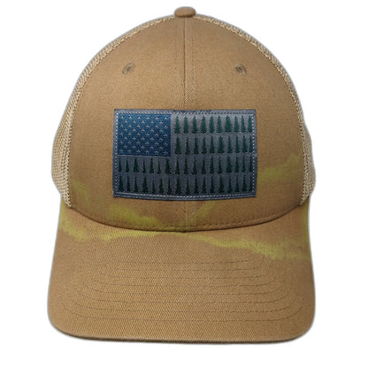 Columbia Baseball Cap Brown XL Mesh Back Pine Tree Flag Patch Stretch Hat